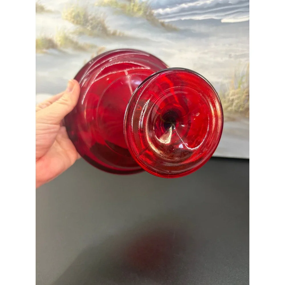 Vintage Ruby Red Glass Pedestal Bowl Footed Compote Dish Beaded Rim 7in